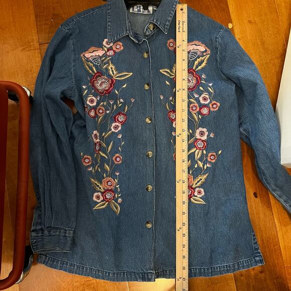 Vintage Floral Embroidered Cotton Country Denim Overshirt Button-Down Top, M - Picture 9 of 11